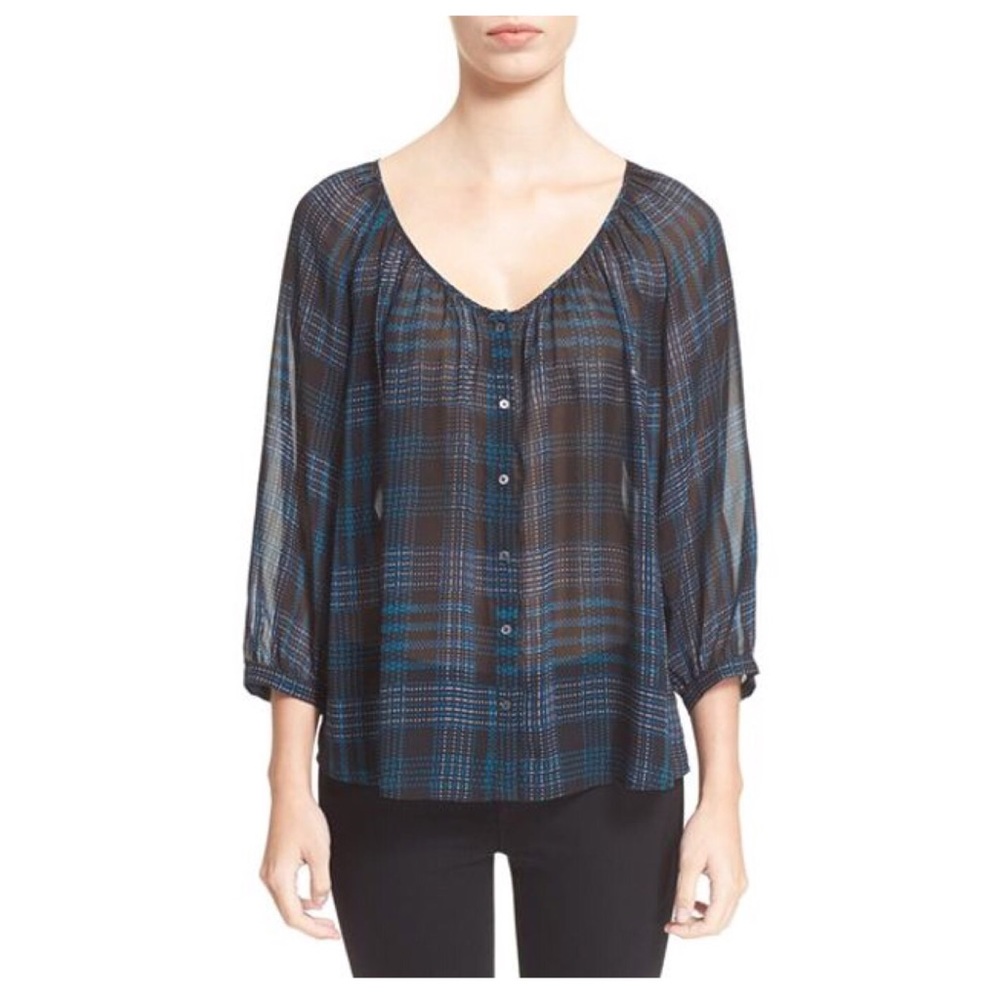 Joie navy Blue 'vorda' Silk Scoop Neck Plaid Blouse